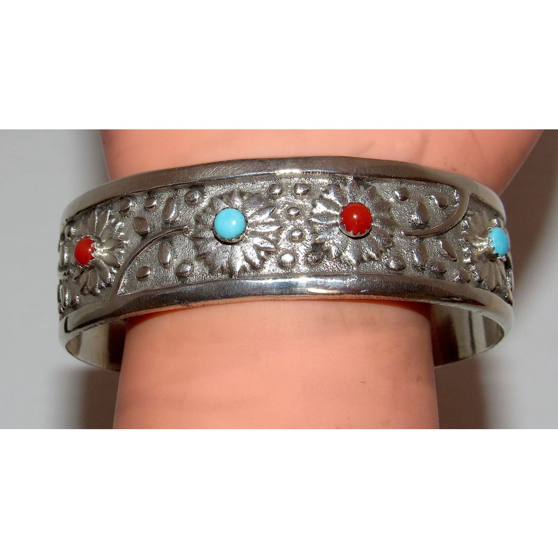 Navajo Turquoise Coral Flower Cuff Bracelet Sterling Silver