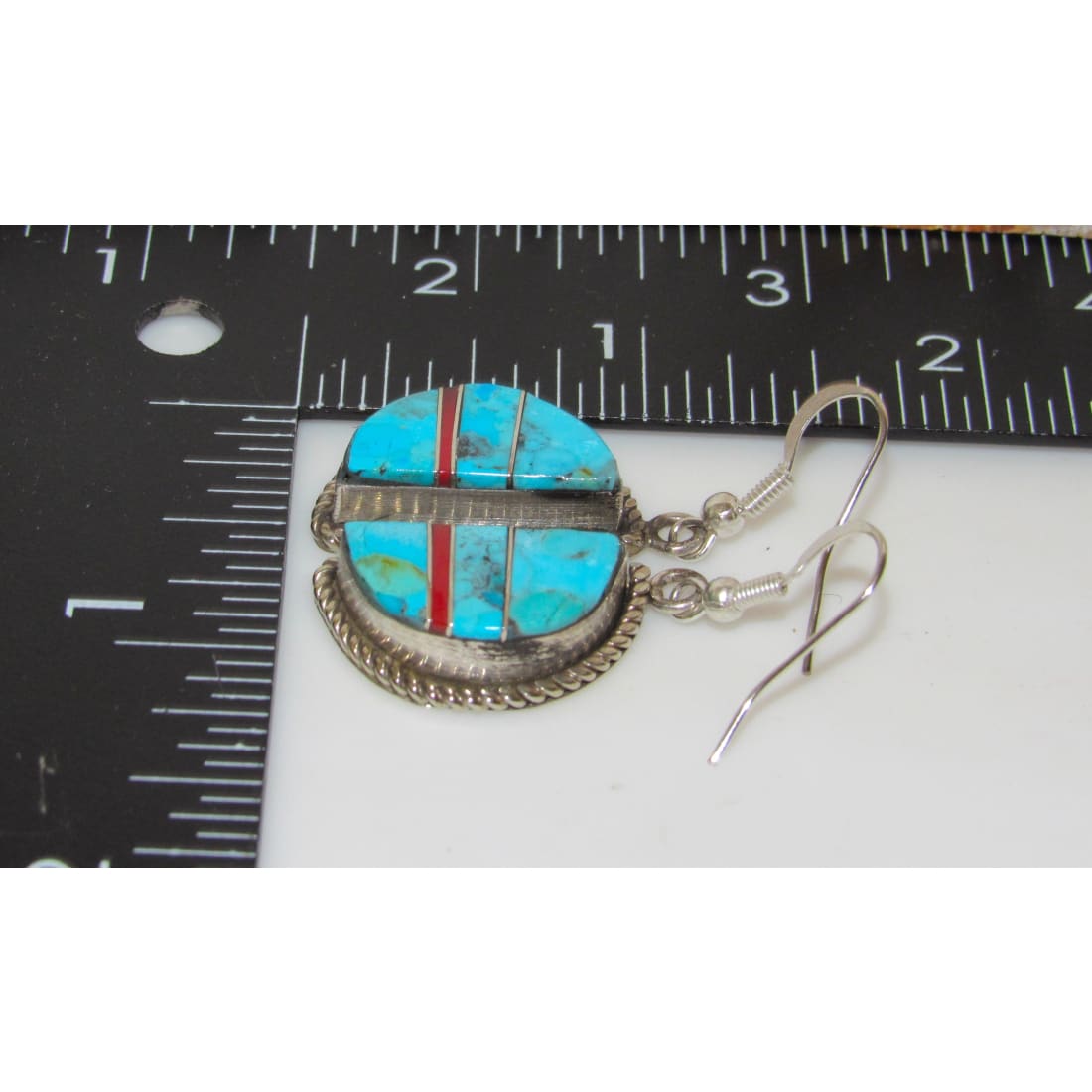 Navajo Turquoise Coral Inlay Half Moon Earrings