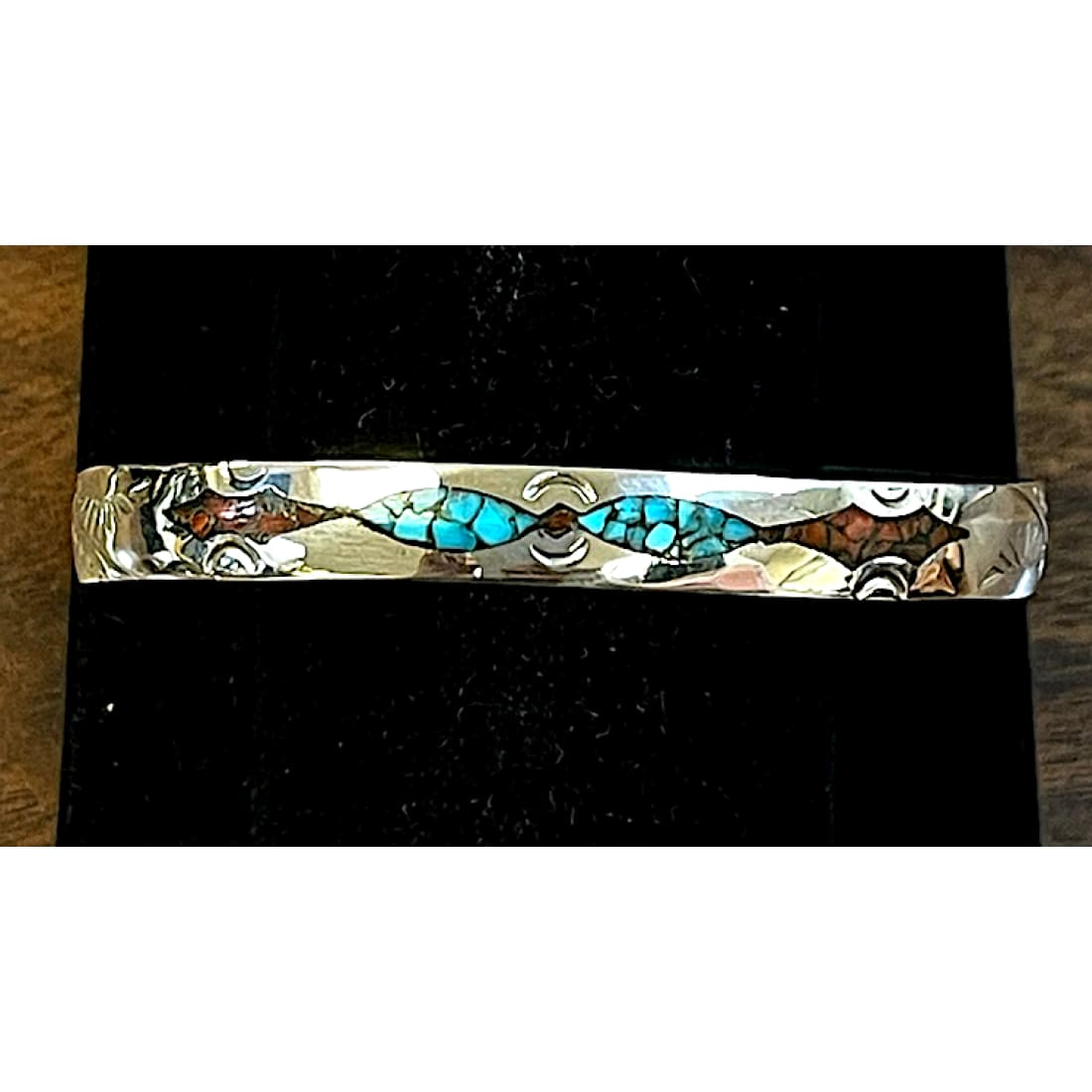 Navajo Turquoise Coral Inlay Stacker Cuff Bracelet Sterling