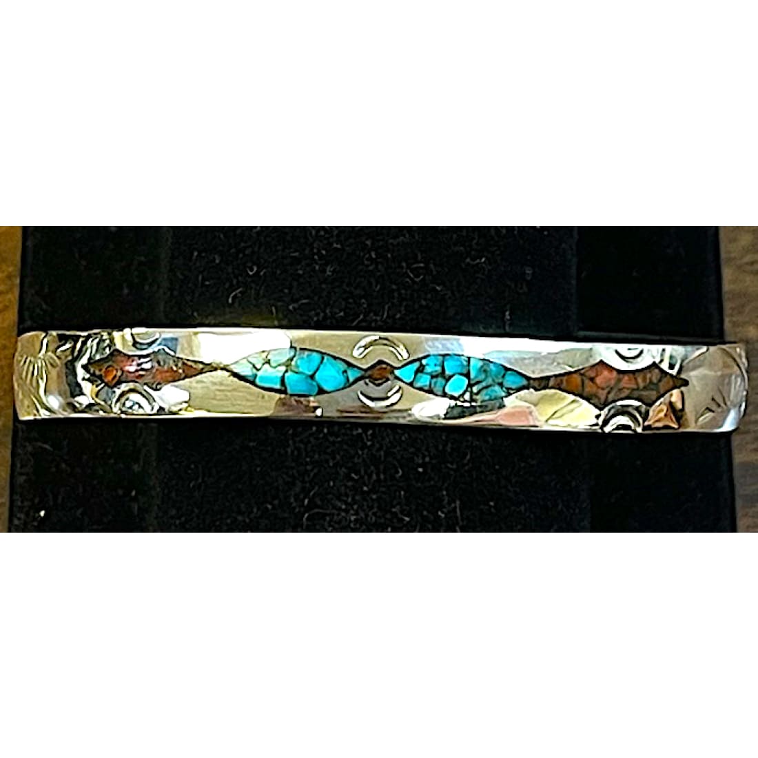 Navajo Turquoise Coral Inlay Stacker Cuff Bracelet Sterling