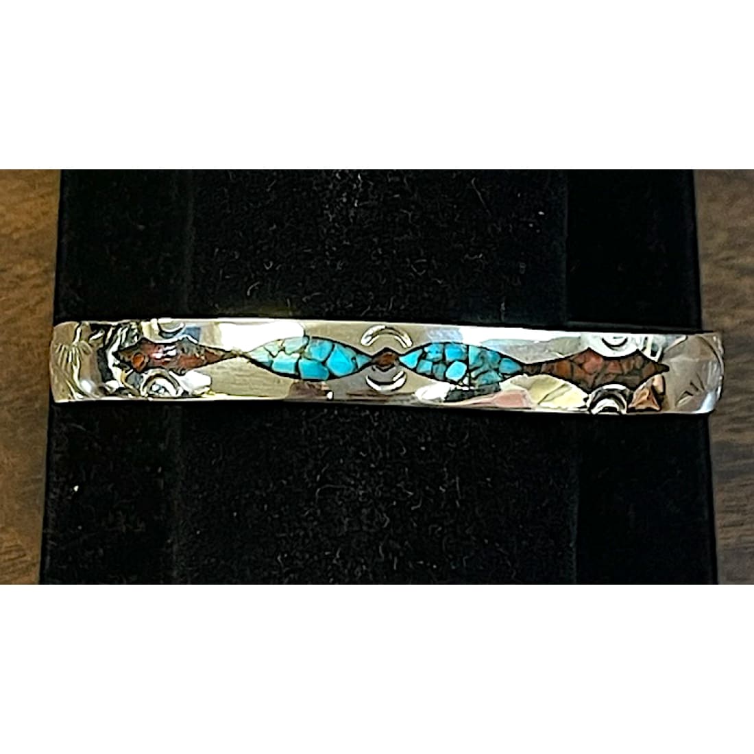 Navajo Turquoise Coral Inlay Stacker Cuff Bracelet Sterling