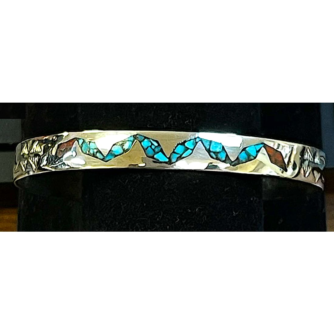 Navajo Turquoise Coral Inlay Stacker Cuff Bracelet Sterling