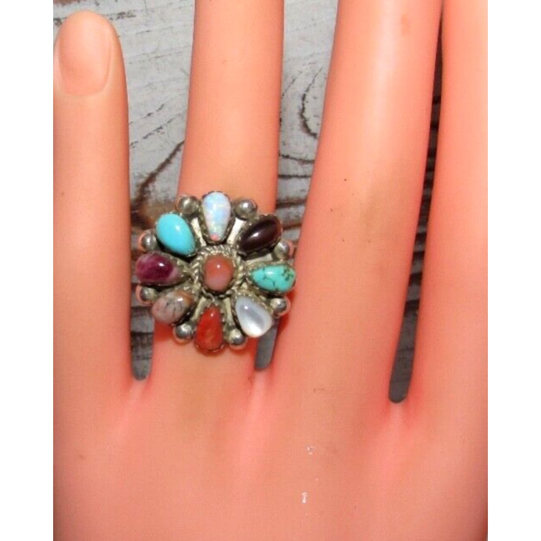 Navajo Turquoise Coral Spiny Opal Cluster Ring Sz 6.5