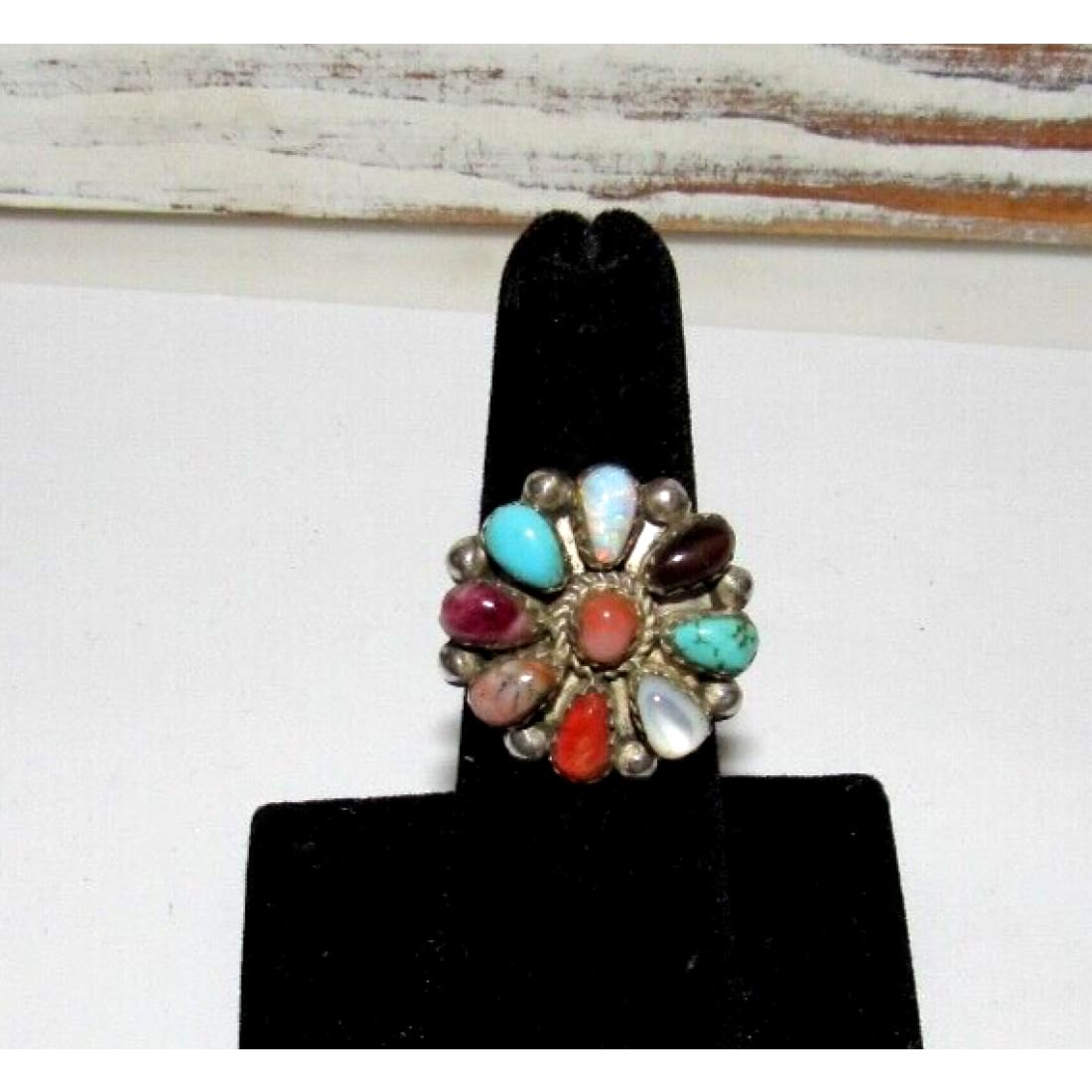 Navajo Turquoise Coral Spiny Opal Cluster Ring Sz 6.5