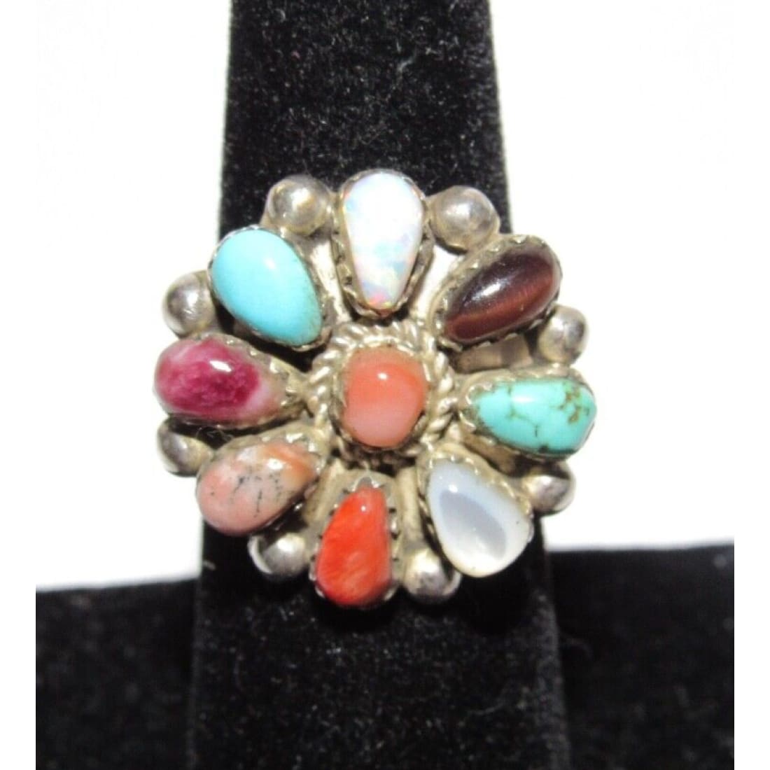 Navajo Turquoise Coral Spiny Opal Cluster Ring Sz 6.5