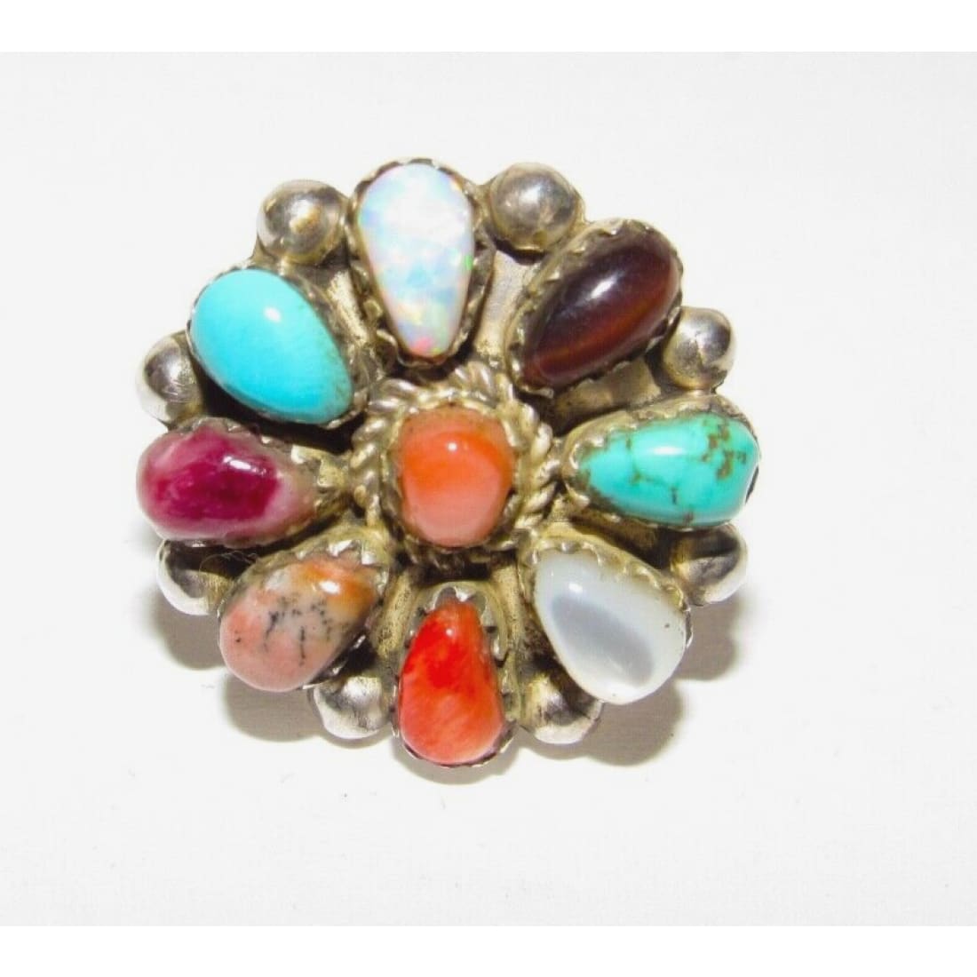 Navajo Turquoise Coral Spiny Opal Cluster Ring Sz 6.5