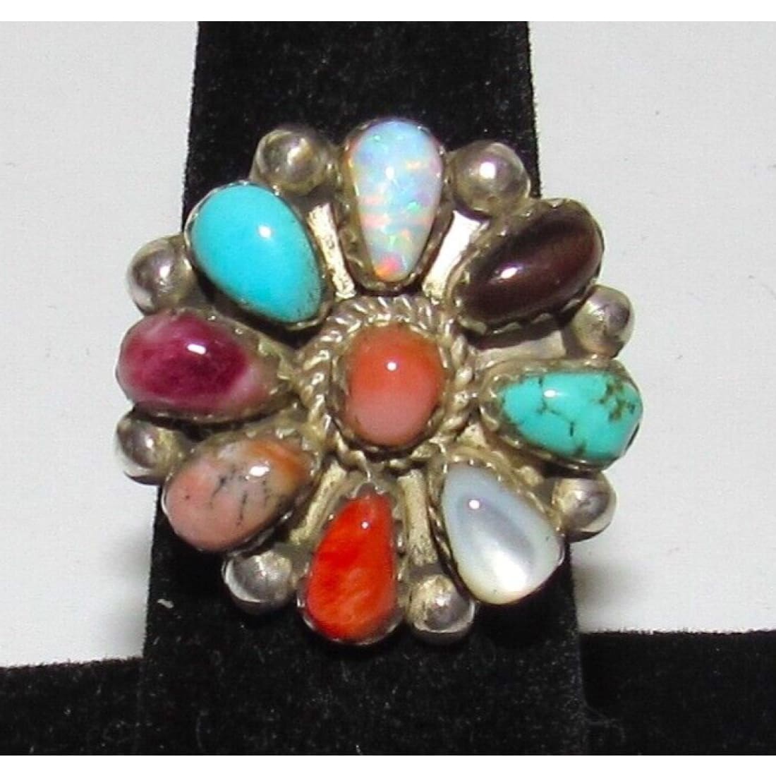 Navajo Turquoise Coral Spiny Opal Cluster Ring Sz 6.5