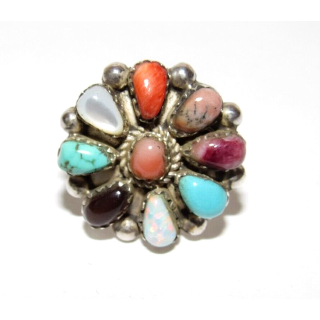 Navajo Turquoise Coral Spiny Opal Cluster Ring Sz 6.5
