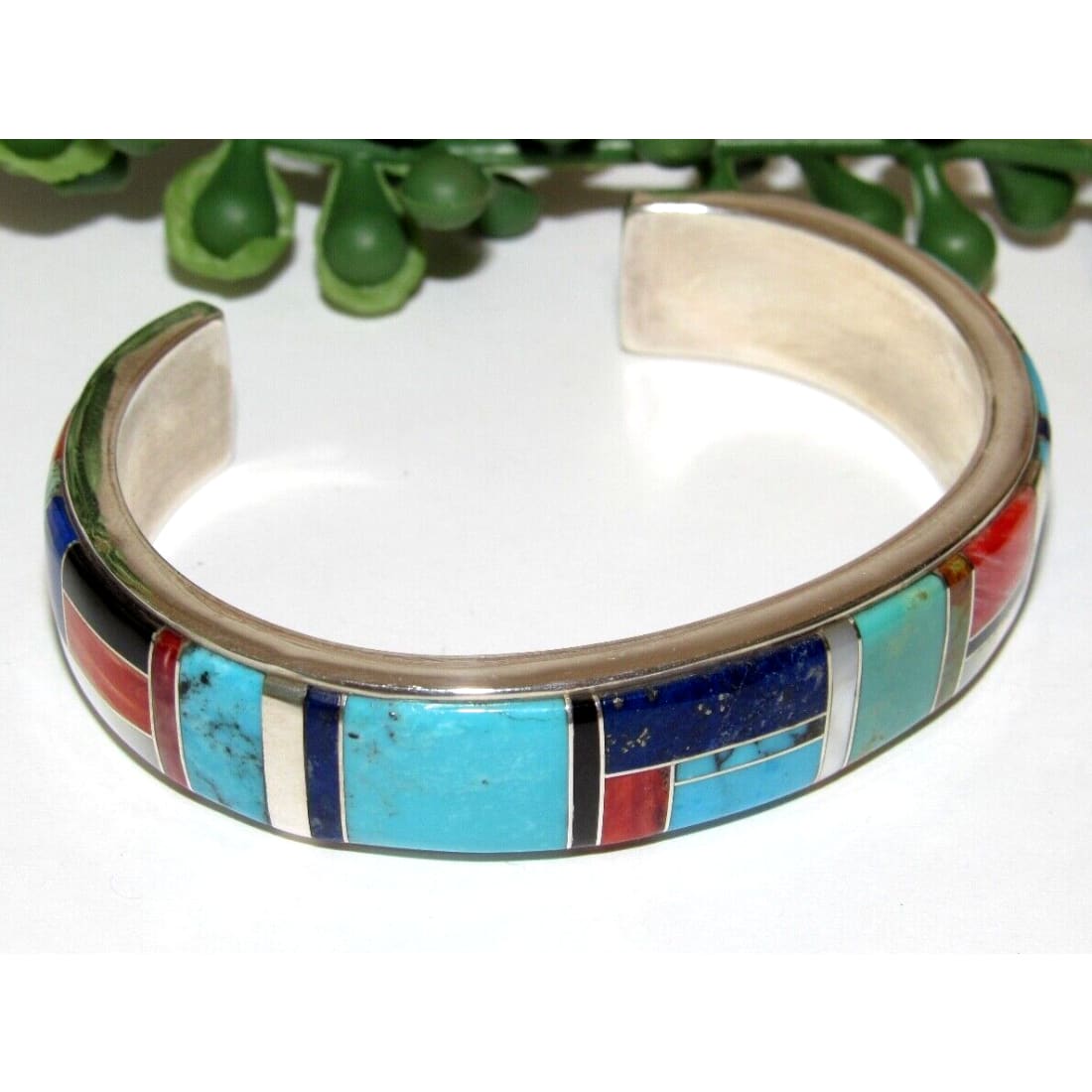 Navajo Turquoise Inlay Cuff Bracelet Spiny Oyster Lapis