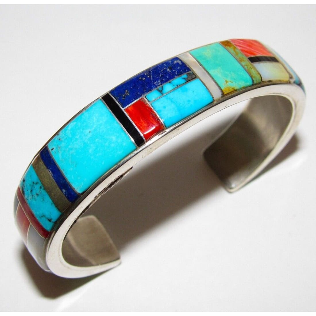 Navajo Turquoise Inlay Cuff Bracelet Spiny Oyster Lapis