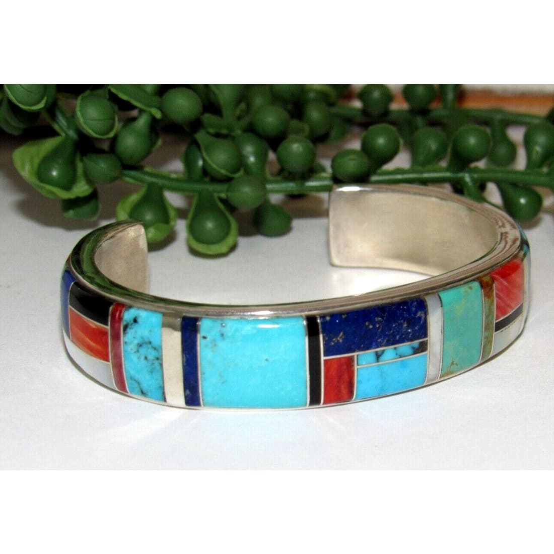 Navajo Turquoise Inlay Cuff Bracelet Spiny Oyster Lapis