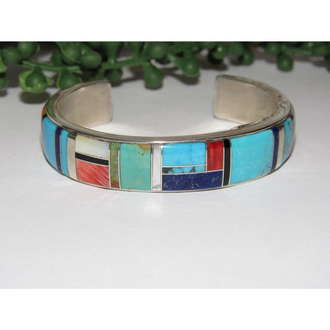 Navajo Turquoise Inlay Cuff Bracelet Spiny Oyster Lapis