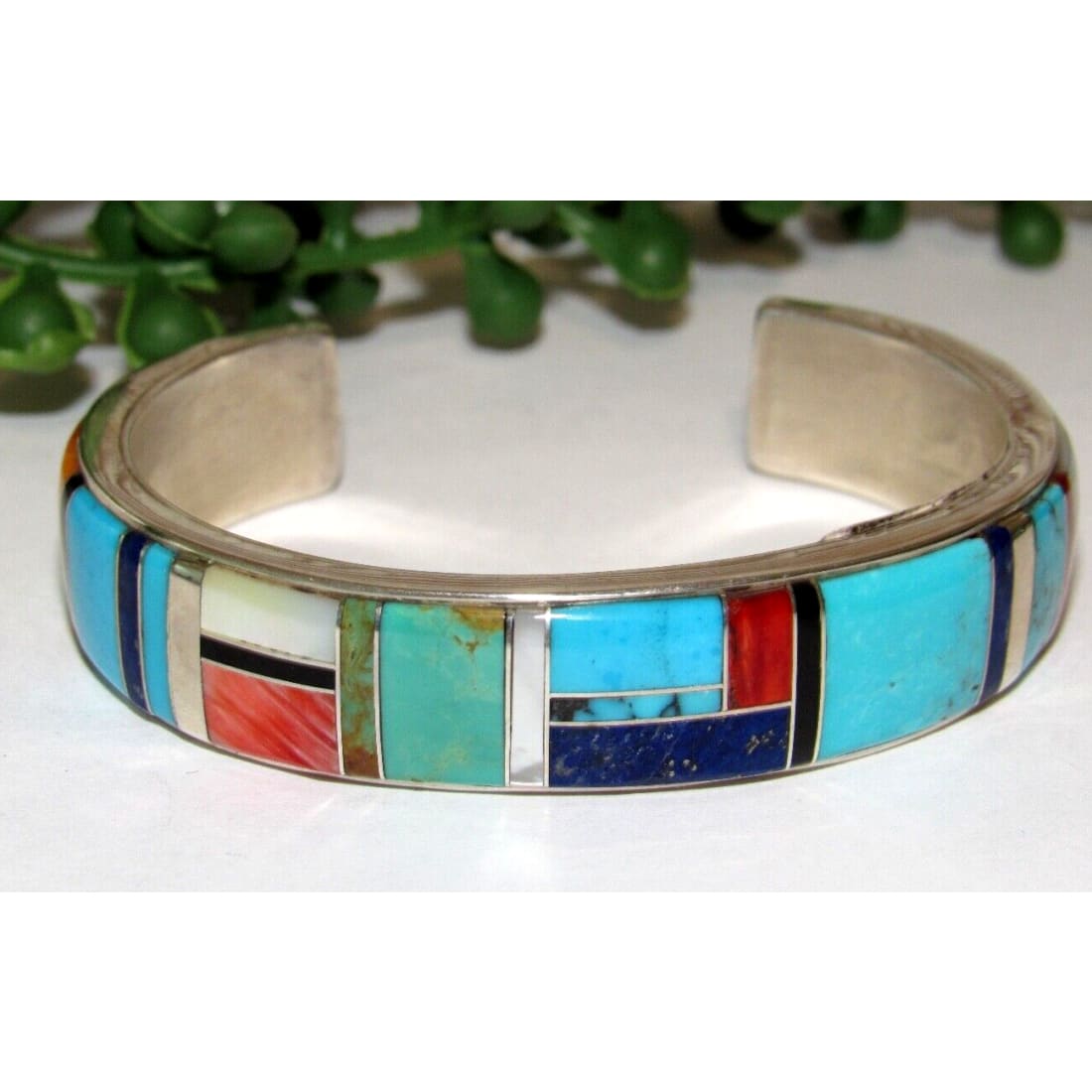Navajo Turquoise Inlay Cuff Bracelet Spiny Oyster Lapis