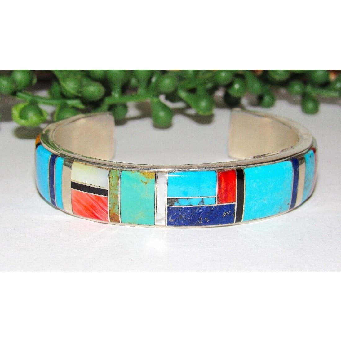 Navajo Turquoise Inlay Cuff Bracelet Spiny Oyster Lapis