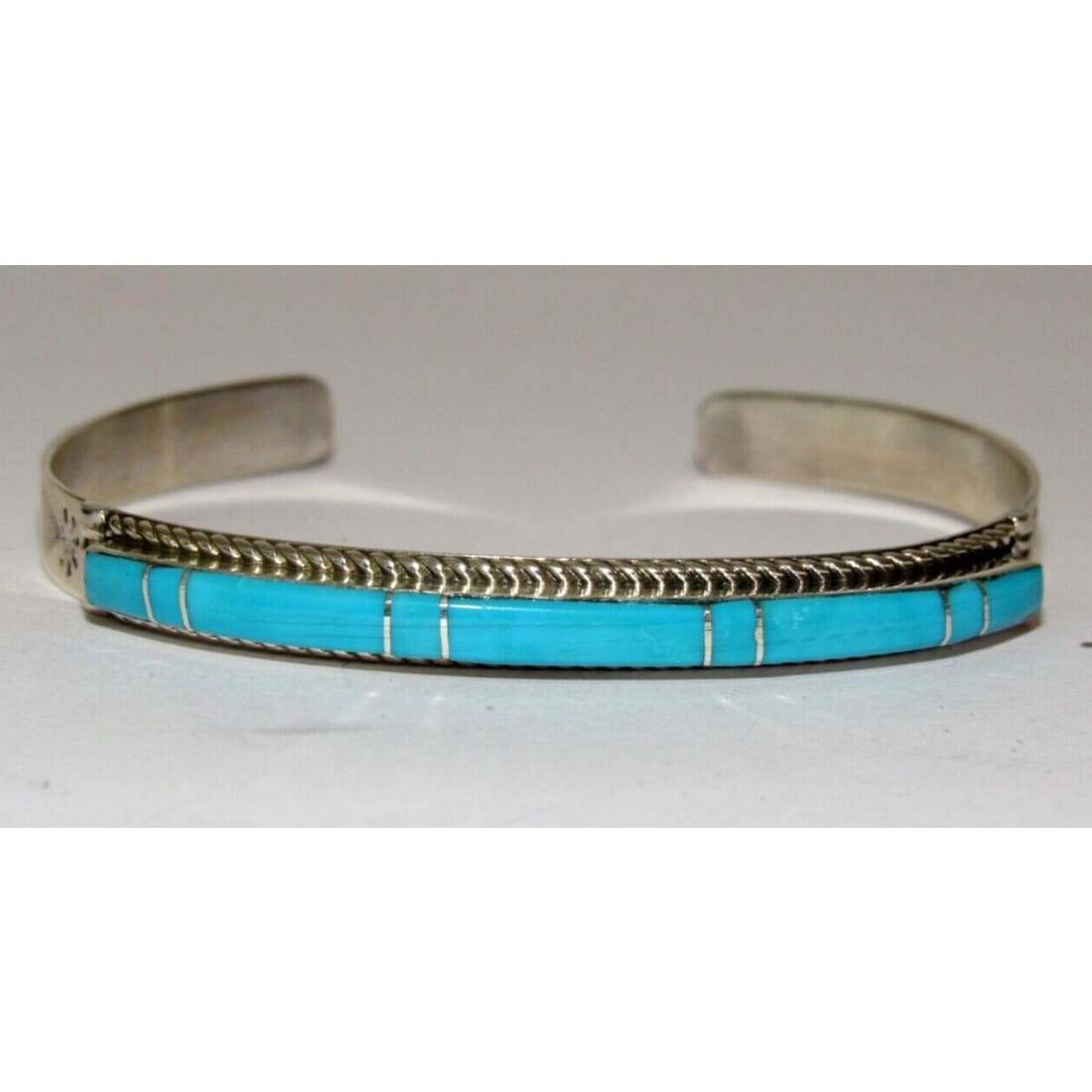 Navajo Turquoise Inlay Stacker Cuff Bracelet Sterling Native