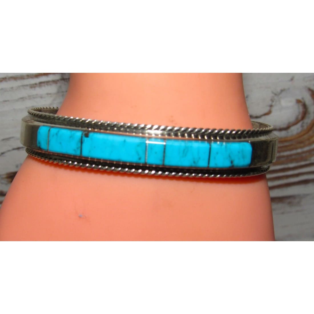 Navajo Turquoise Inlay Stacker Cuff Bracelet Sterling Native