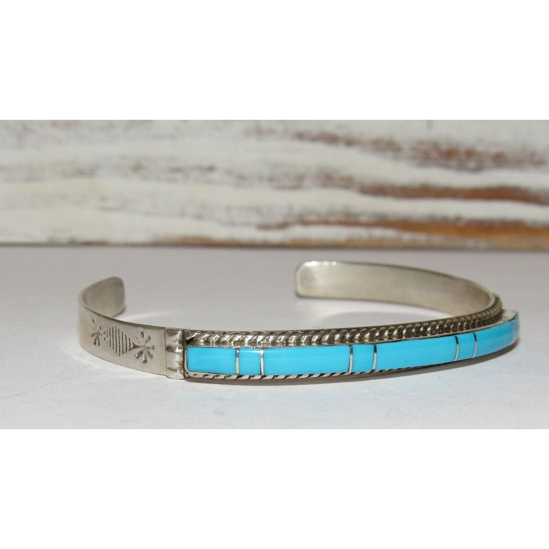 Navajo Turquoise Inlay Stacker Cuff Bracelet Sterling Native