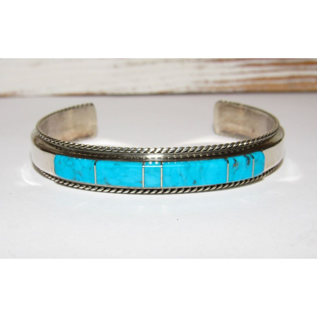 Navajo Turquoise Inlay Stacker Cuff Bracelet Sterling Native