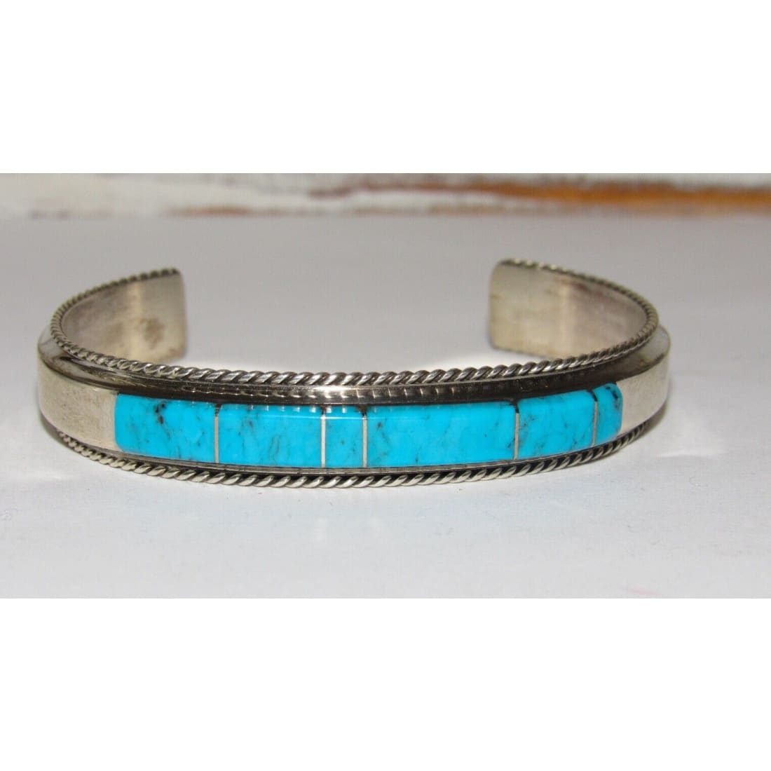 Navajo Turquoise Inlay Stacker Cuff Bracelet Sterling Native