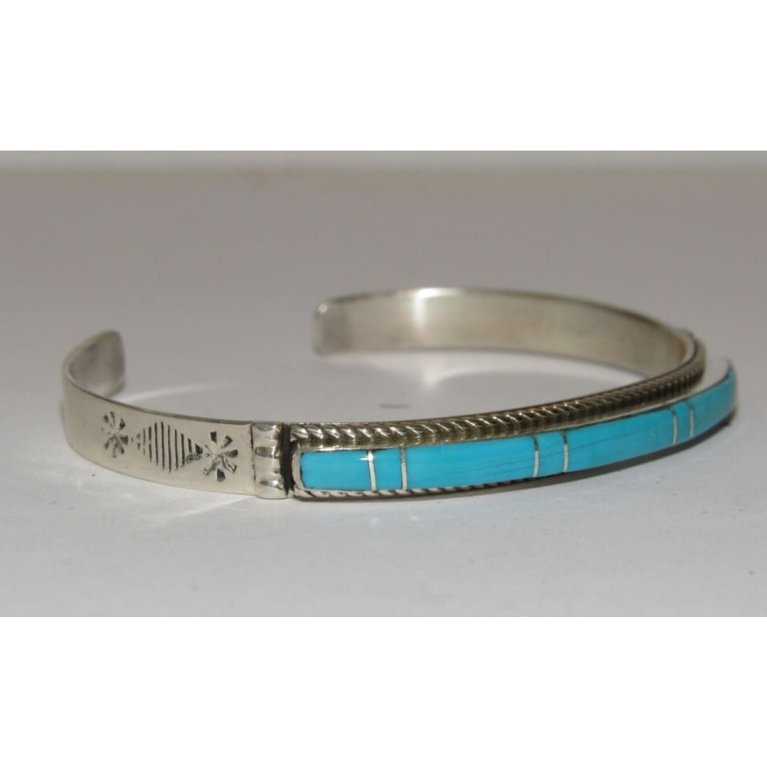 Navajo Turquoise Inlay Stacker Cuff Bracelet Sterling Native