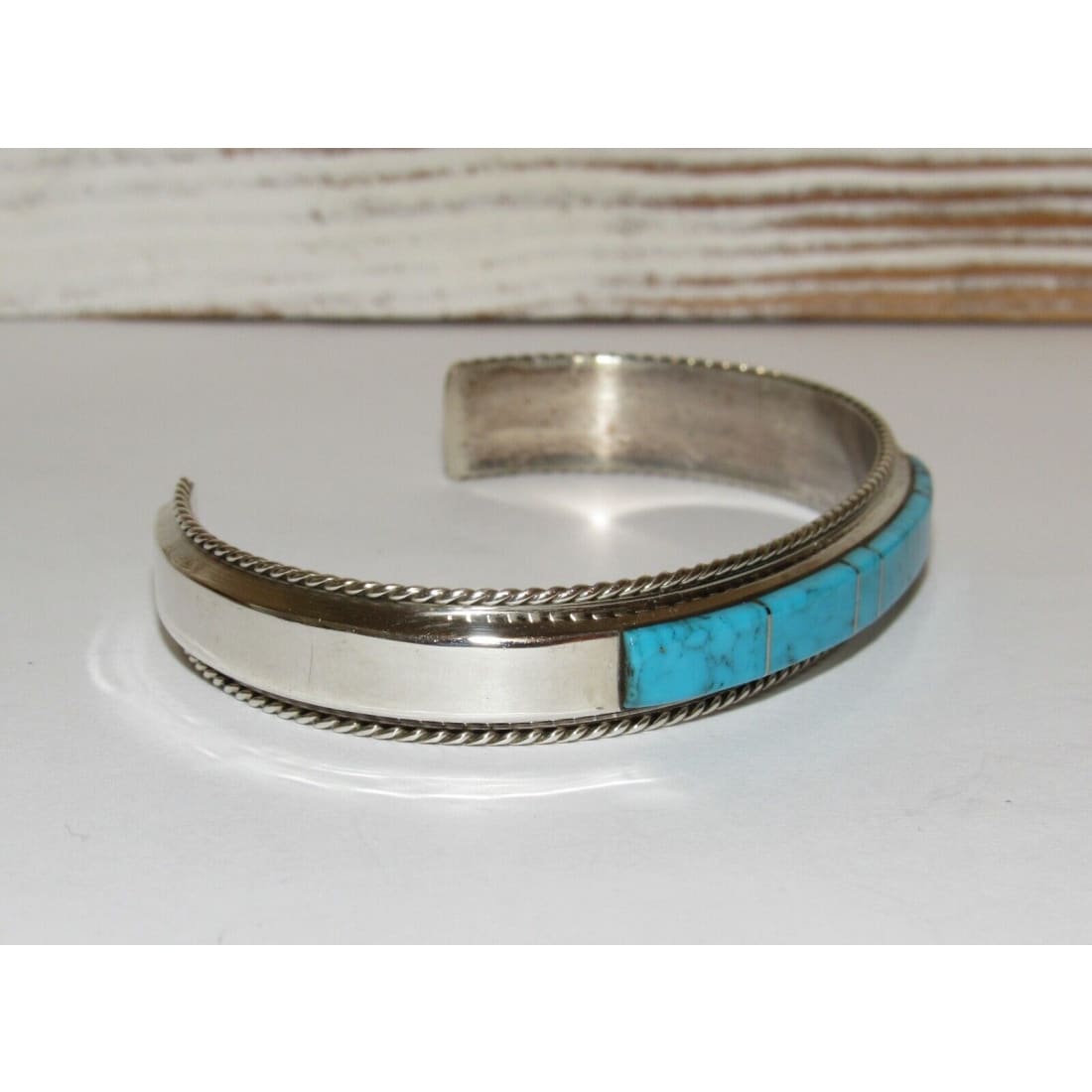 Navajo Turquoise Inlay Stacker Cuff Bracelet Sterling Native