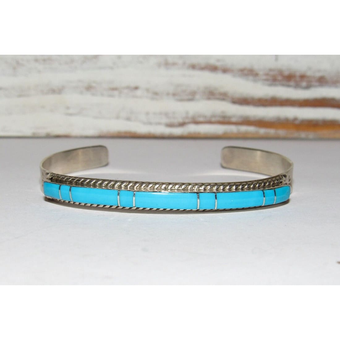 Navajo Turquoise Inlay Stacker Cuff Bracelet Sterling Native