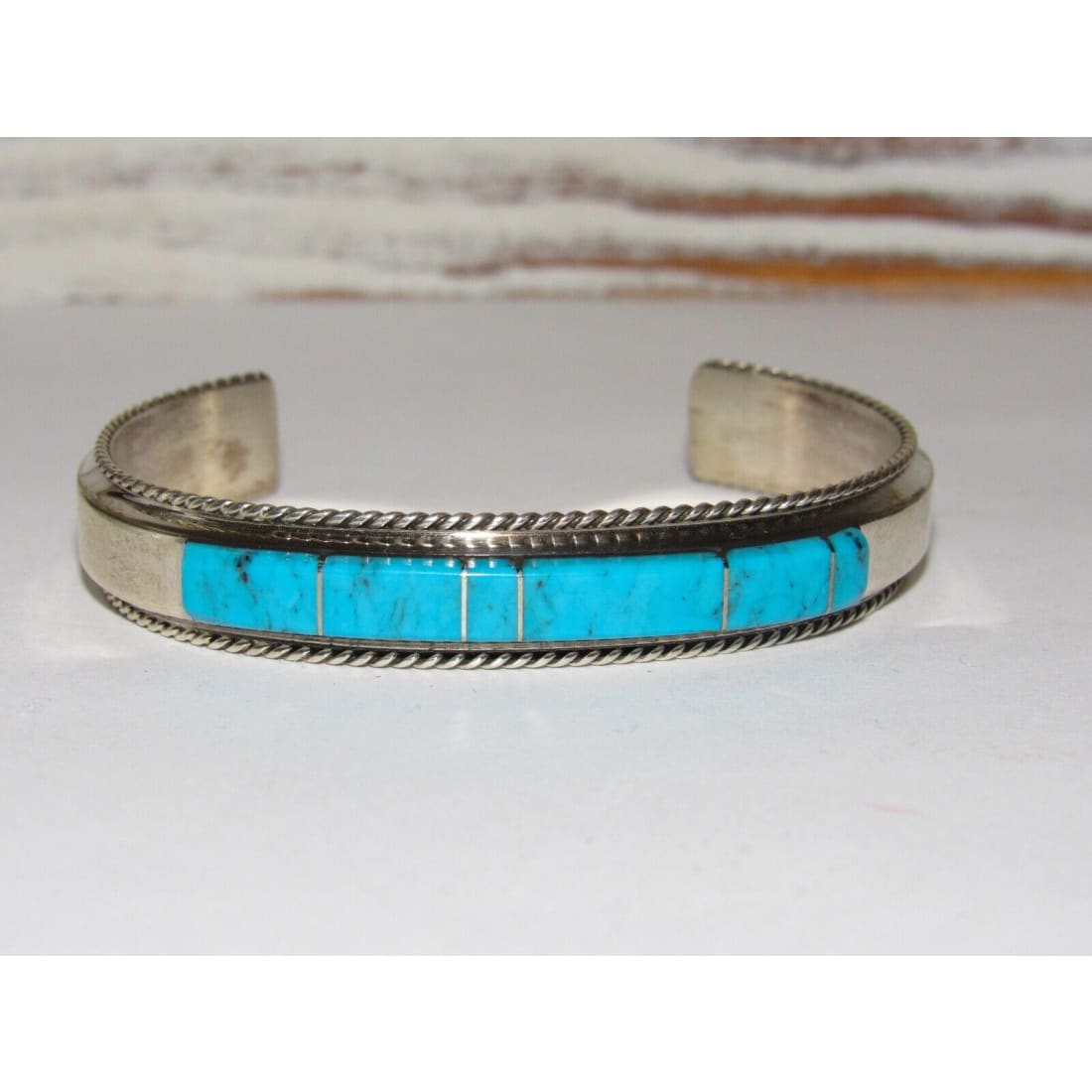 Navajo Turquoise Inlay Stacker Cuff Bracelet Sterling Native