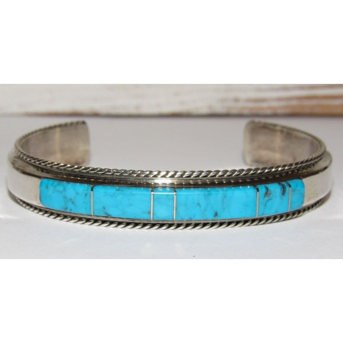 Navajo Turquoise Inlay Stacker Cuff Bracelet Sterling Native