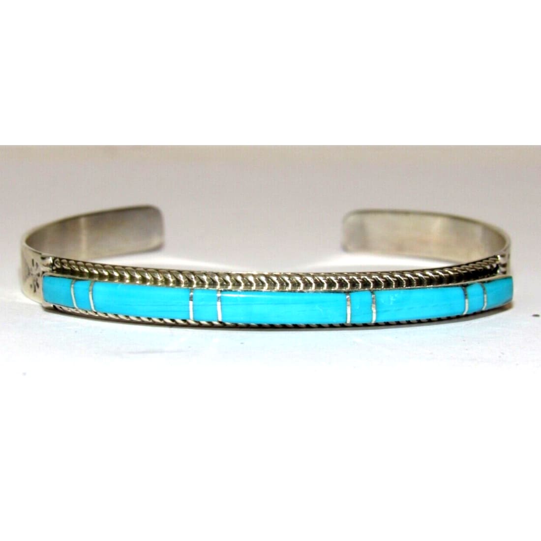 Navajo Turquoise Inlay Stacker Cuff Bracelet Sterling Native