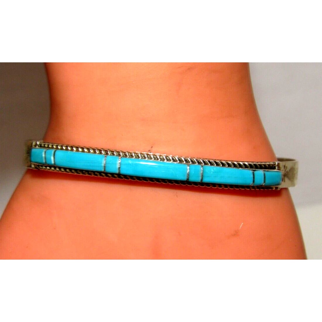 Navajo Turquoise Inlay Stacker Cuff Bracelet Sterling Native
