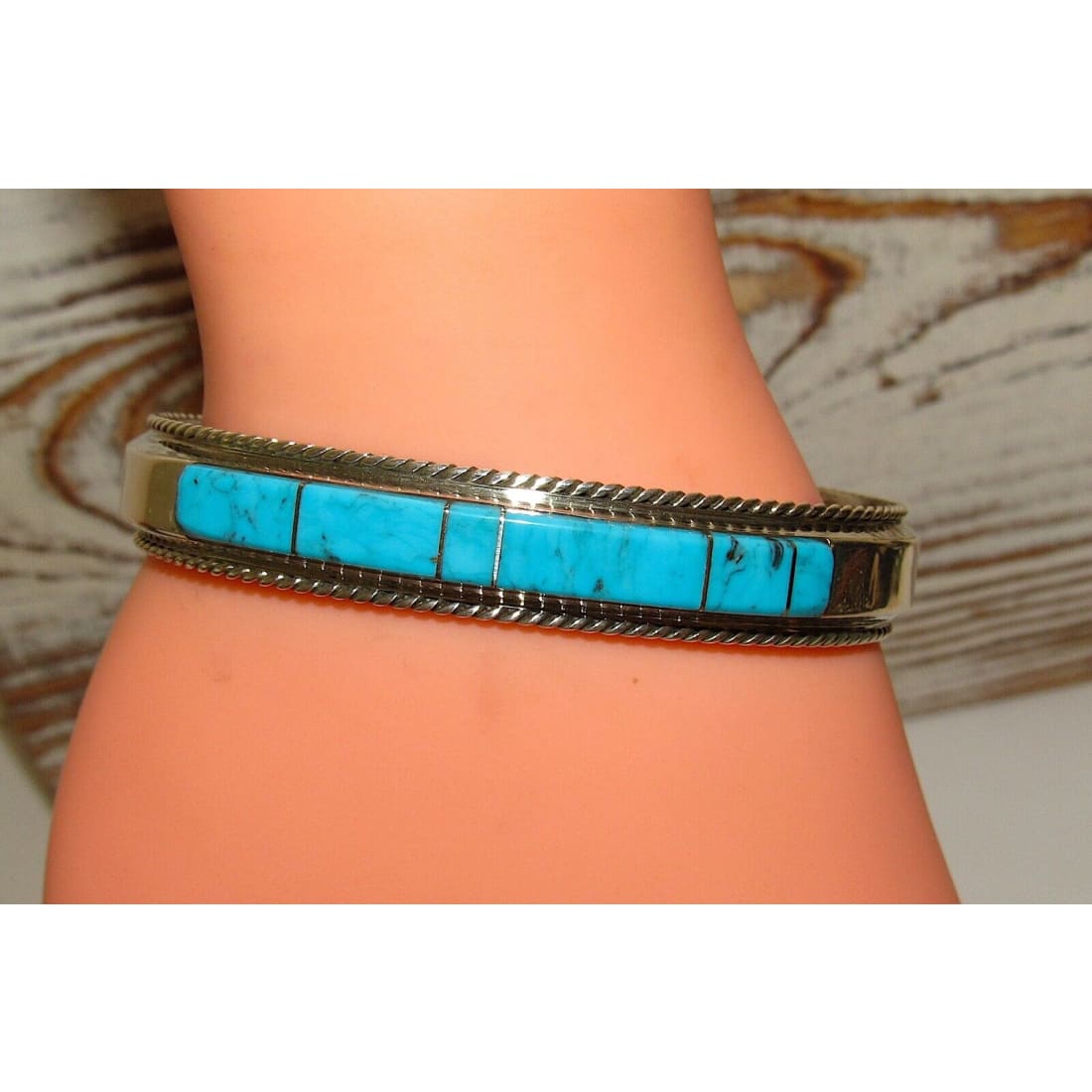 Navajo Turquoise Inlay Stacker Cuff Bracelet Sterling Native