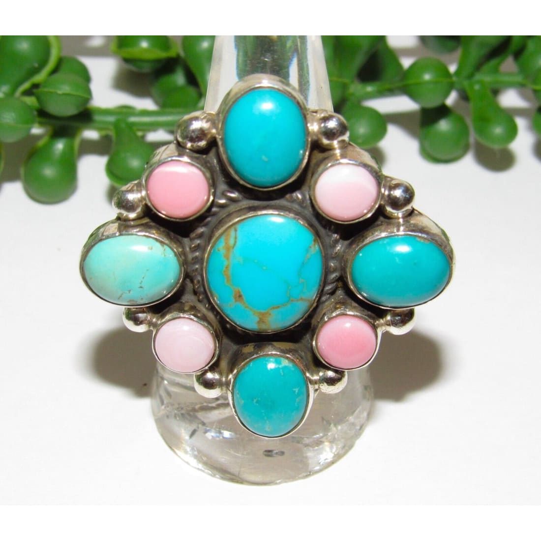 Navajo Turquoise Pink Conch Cluster Ring Adjustable Size