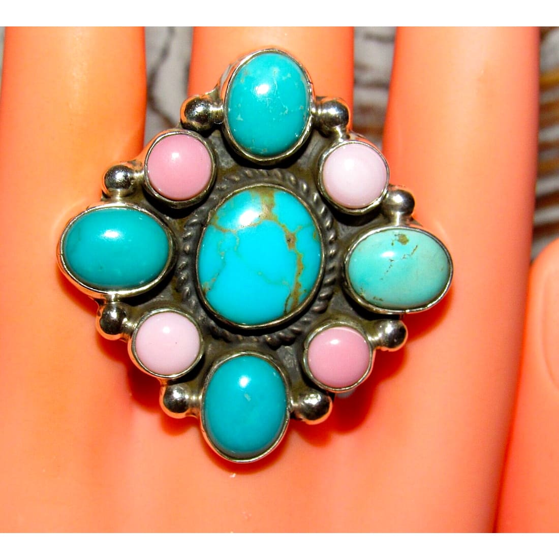 Navajo Turquoise Pink Conch Cluster Ring Adjustable Size