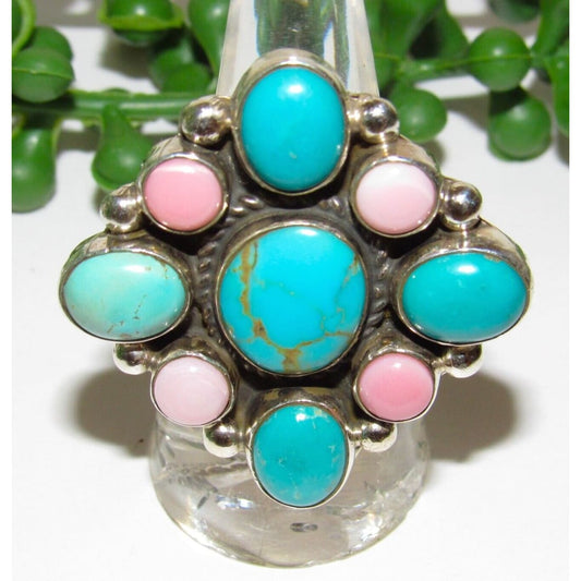 Navajo Turquoise Pink Conch Cluster Ring Adjustable Size