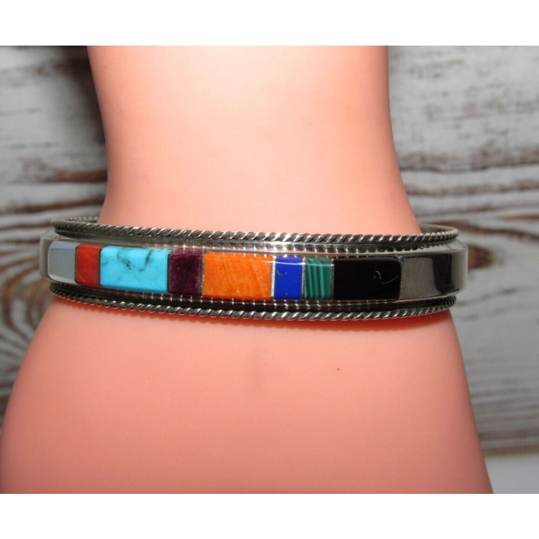 Navajo Turquoise Spiny Inlay Stacker Cuff Bracelet Sterling