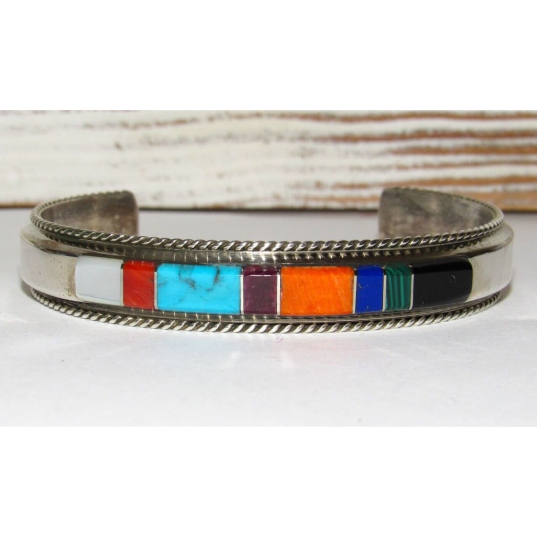 Navajo Turquoise Spiny Inlay Stacker Cuff Bracelet Sterling