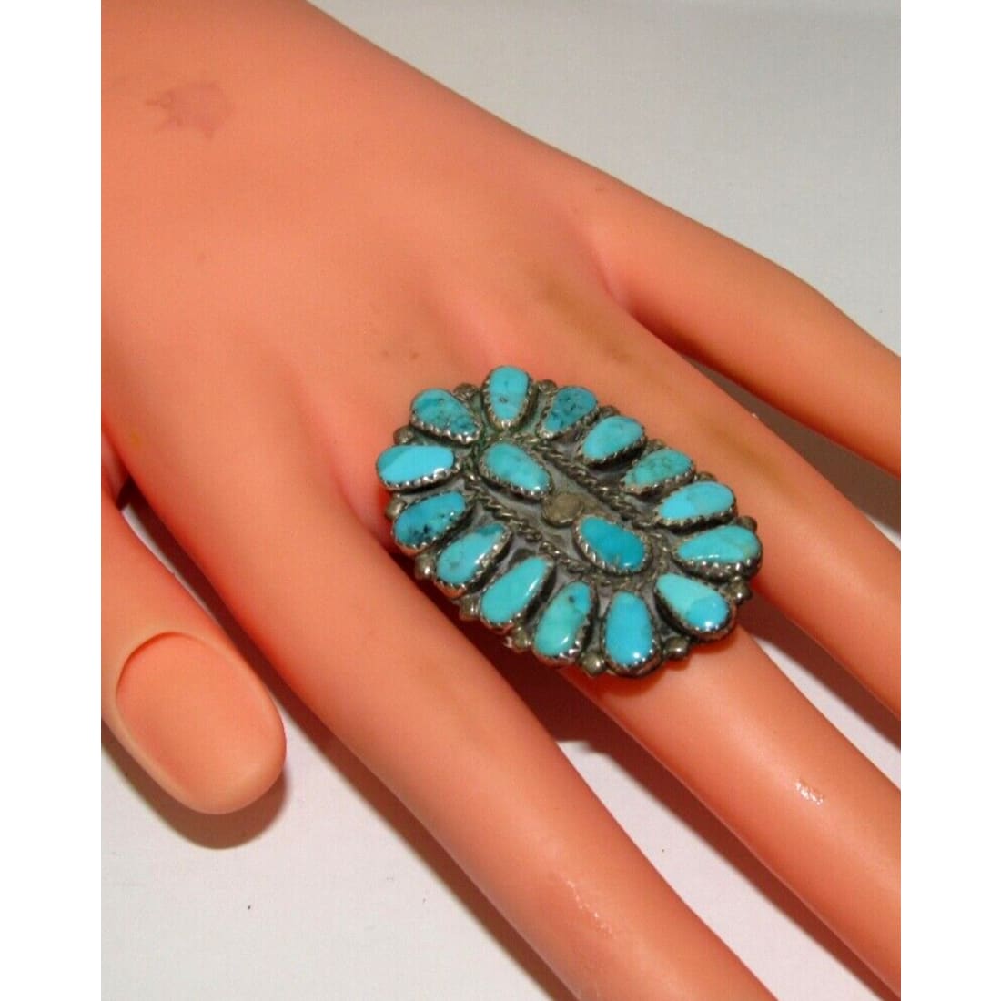 Old Pawn Navajo Turquoise Cluster Ring Sz 8 Sterling Silver