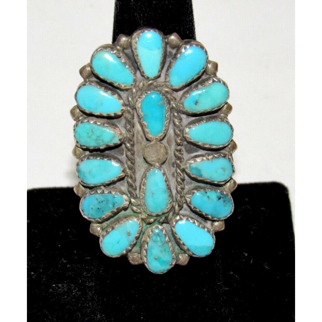 Old Pawn Navajo Turquoise Cluster Ring Sz 8 Sterling Silver
