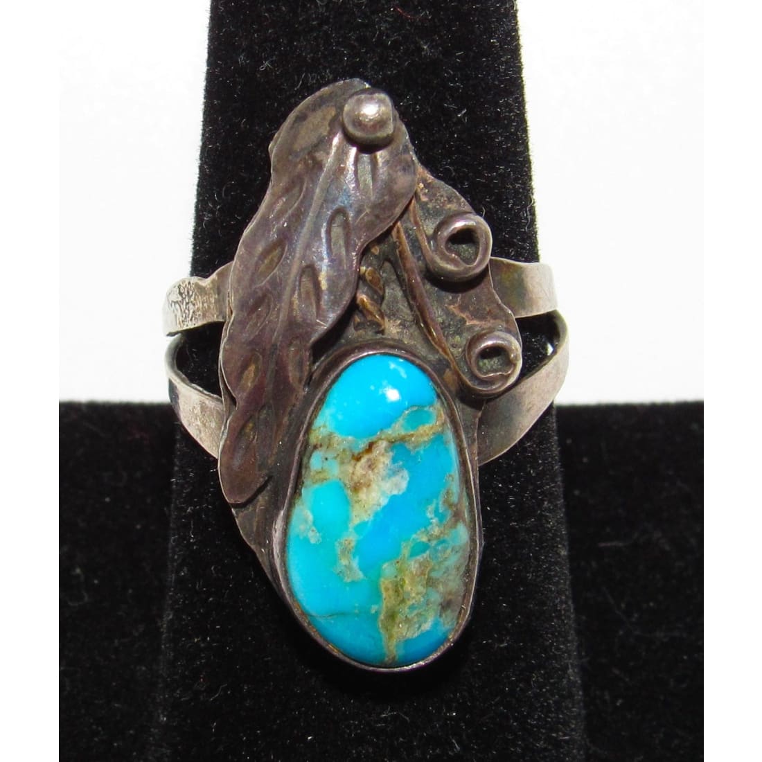 Old Pawn Navajo Turquoise Squash Blossom Ring Size 8