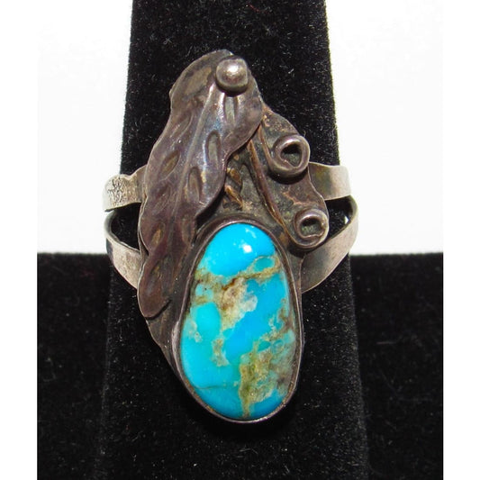 Old Pawn Navajo Turquoise Squash Blossom Ring Size 8