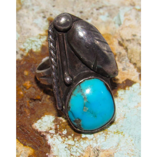 Old Pawn Navajo Turquoise Squash Blossom Ring Size 9