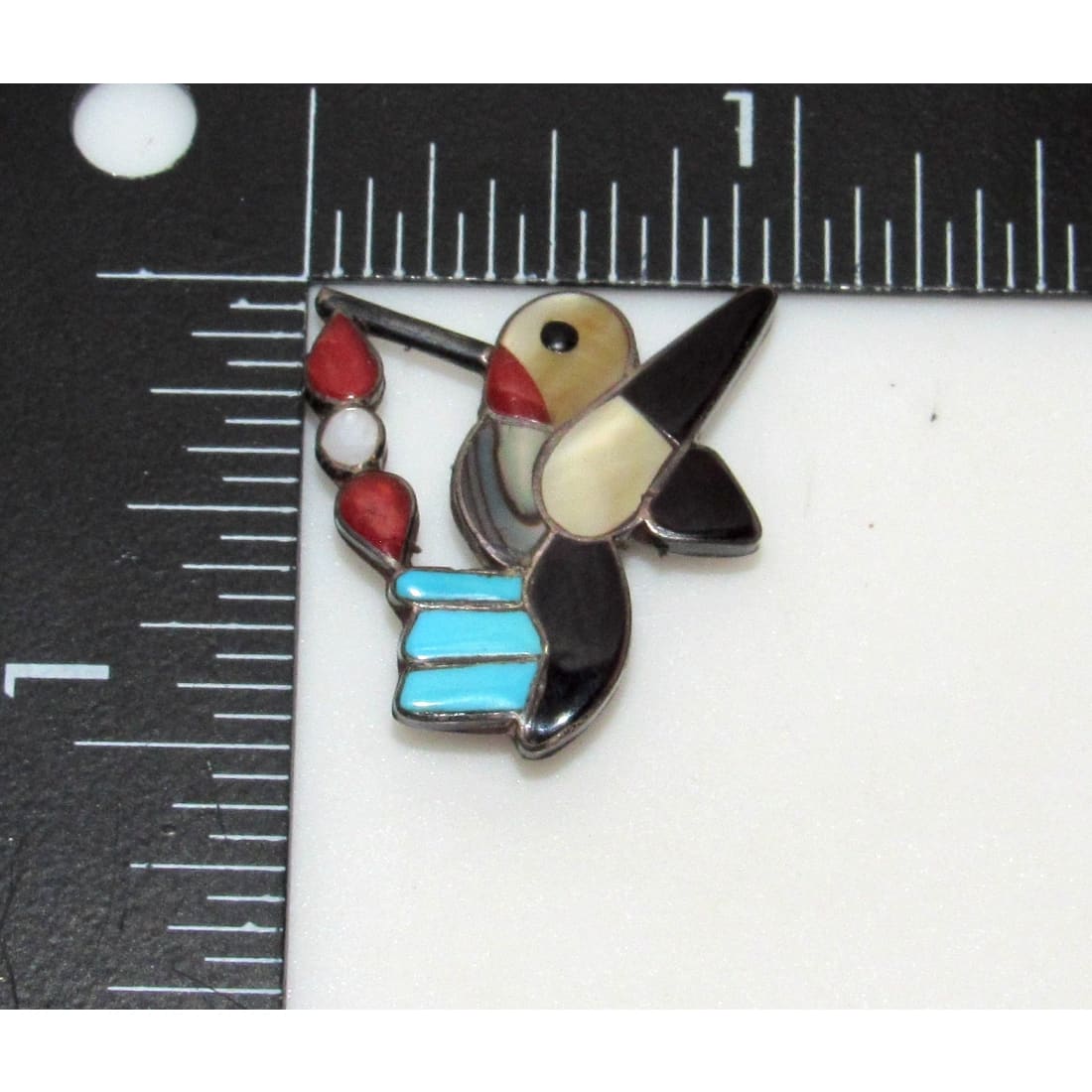 Old Pawn Zuni Inlay Hummingbird Pin Brooch Sterling Silver