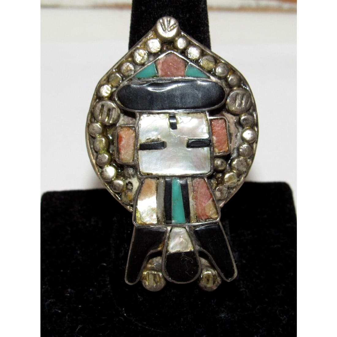 Old Pawn Zuni Inlay Kachina Ring Size 8 Sterling Silver