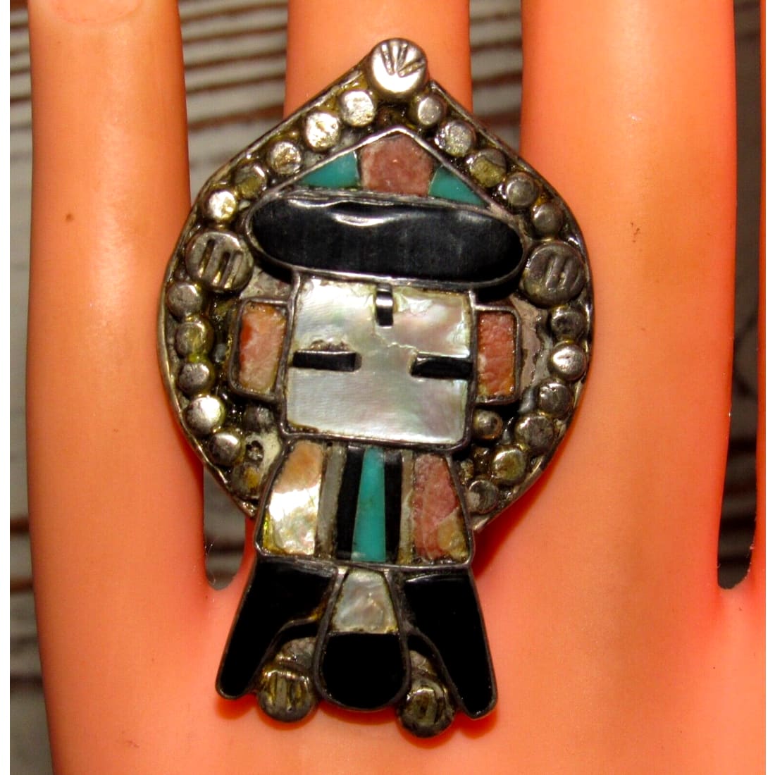 Old Pawn Zuni Inlay Kachina Ring Size 8 Sterling Silver