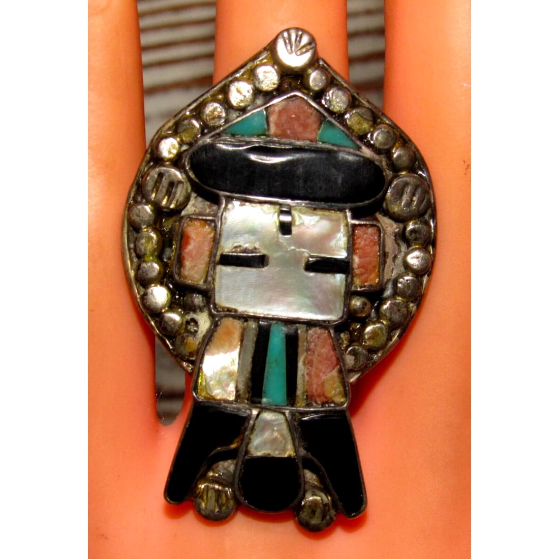 Old Pawn Zuni Inlay Kachina Ring Size 8 Sterling Silver
