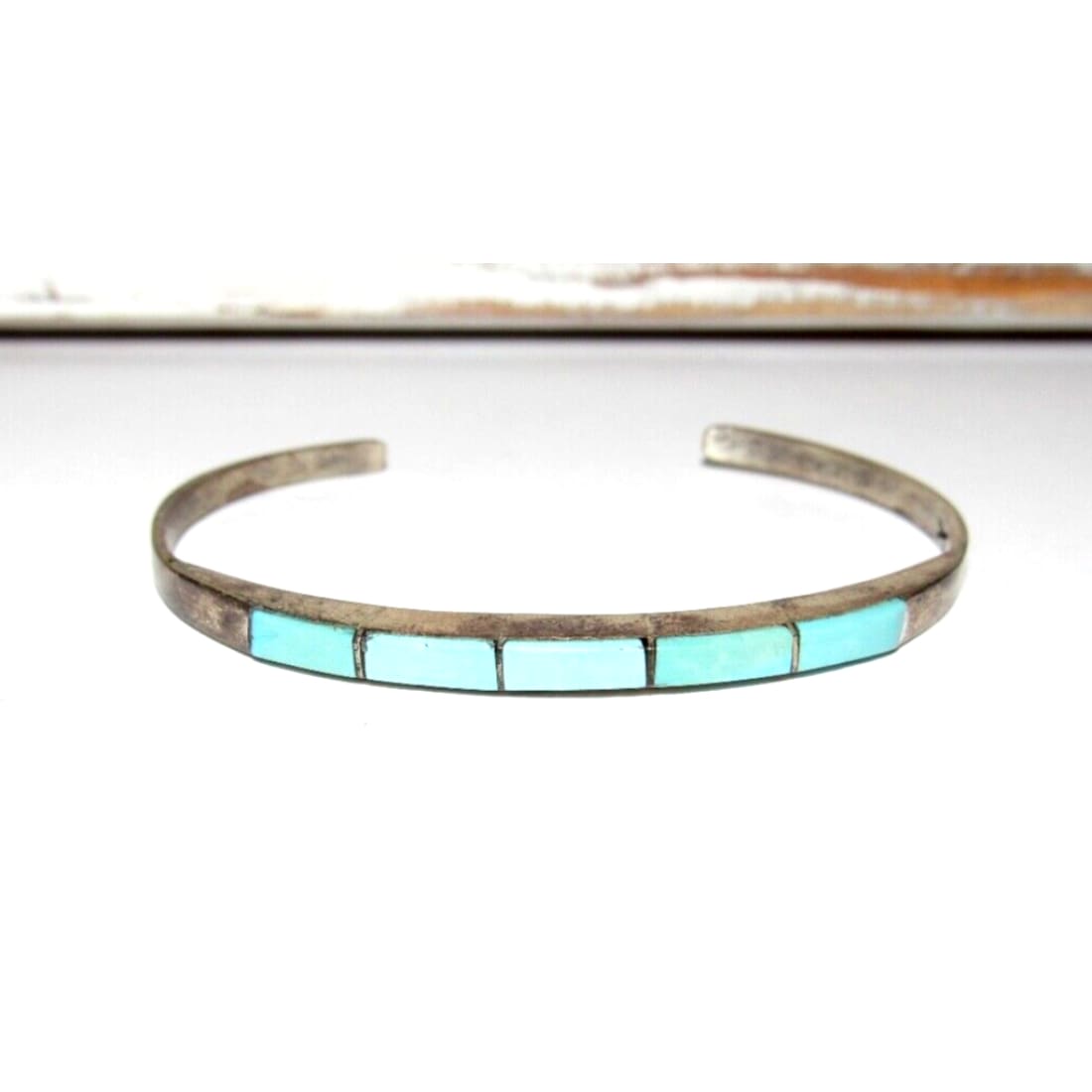 Old Pawn Zuni Turquoise Inlay Stacker Cuff Bracelet Sterling
