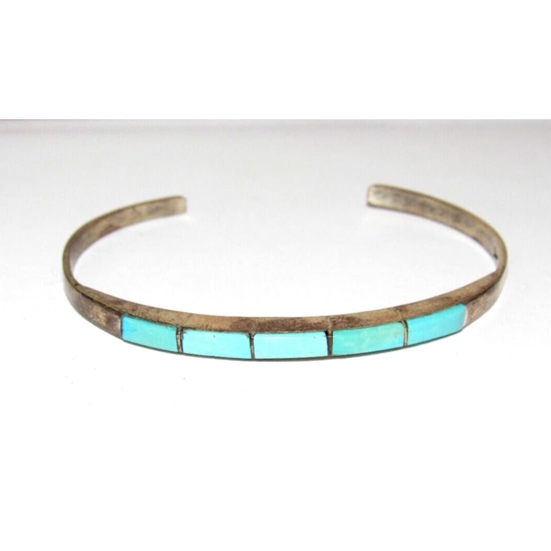 Old Pawn Zuni Turquoise Inlay Stacker Cuff Bracelet Sterling