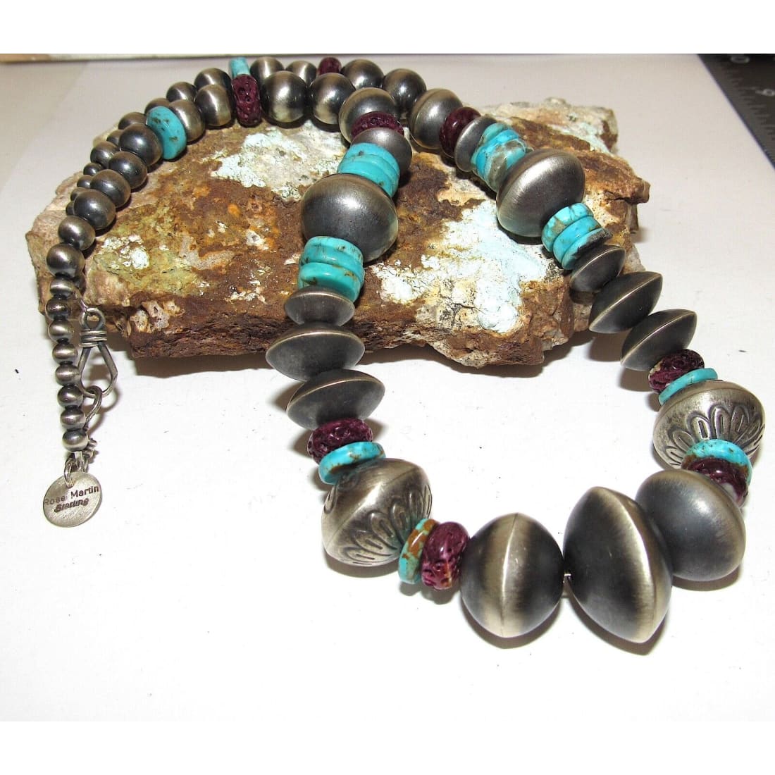 Sterling Navajo Pearls Purple Spiny & Turquoise 18” Signed