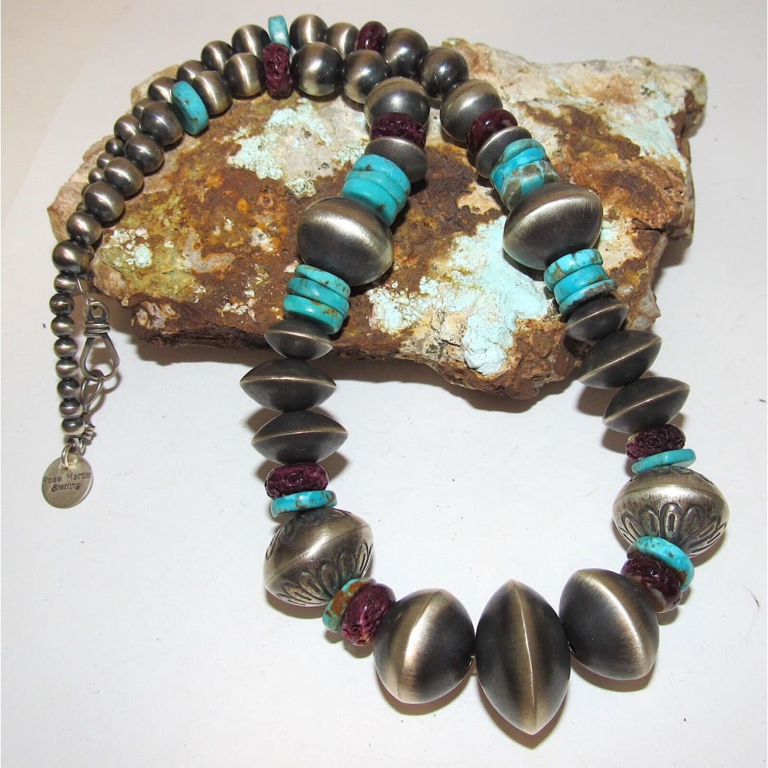 Sterling Navajo Pearls Purple Spiny & Turquoise 18” Signed