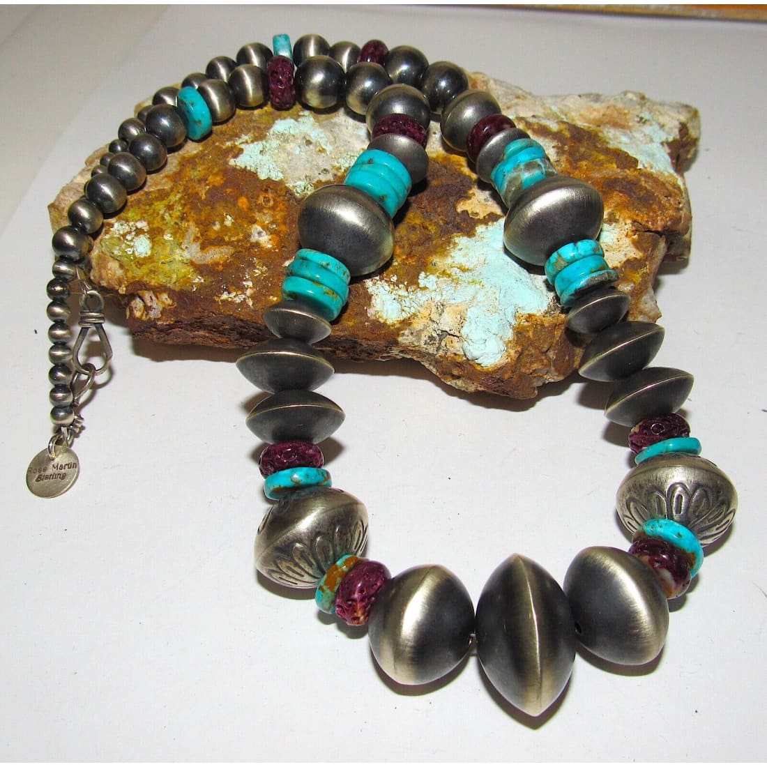 Sterling Navajo Pearls Purple Spiny & Turquoise 18” Signed